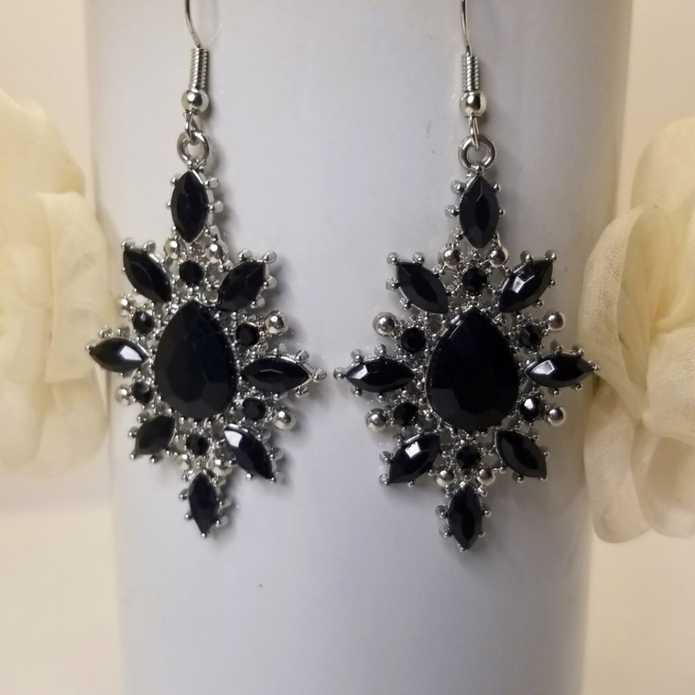 Faceted Black Rhinestone Marquis Silver Earrings